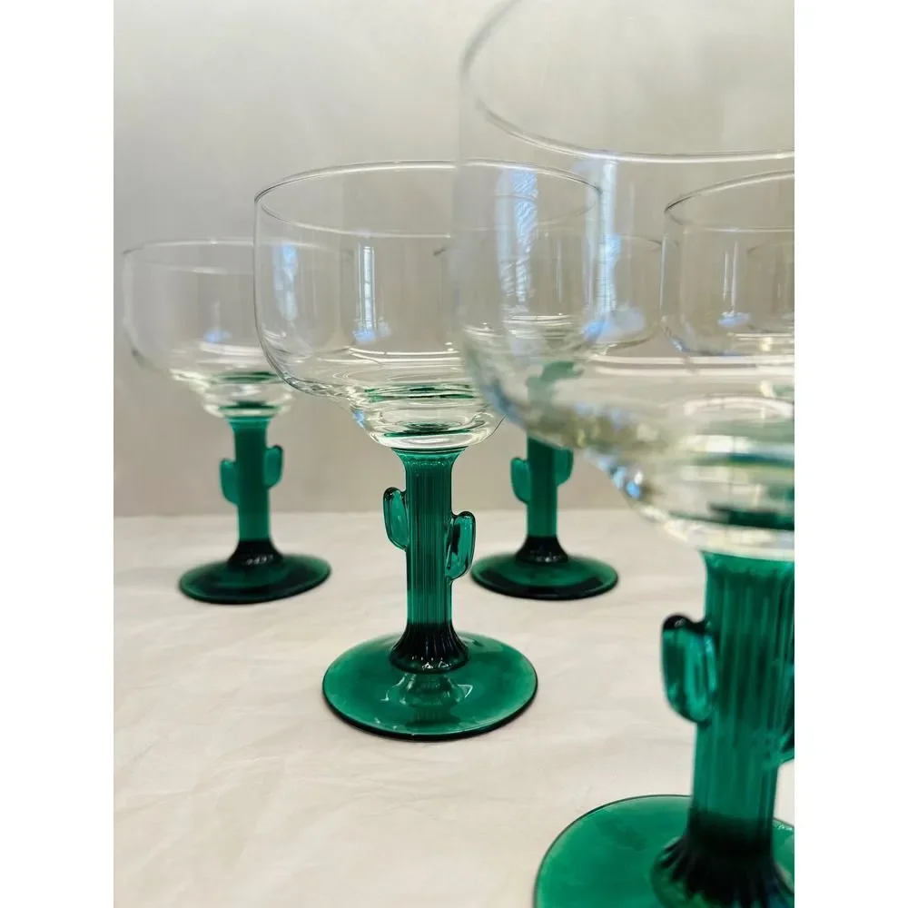 Vintage Libbey Green Cactus Stem Glass, Margarita Glasses, Set of 6 Stemware, So